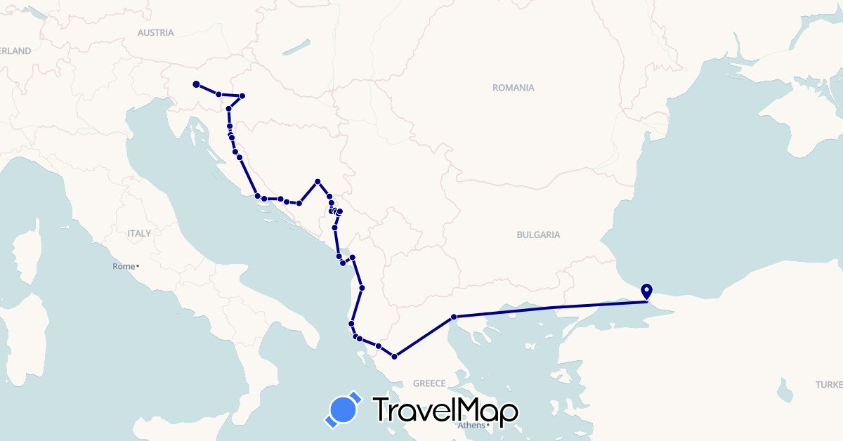 TravelMap itinerary: driving in Albania, Bosnia and Herzegovina, Greece, Croatia, Montenegro, Slovenia, Turkey (Asia, Europe)